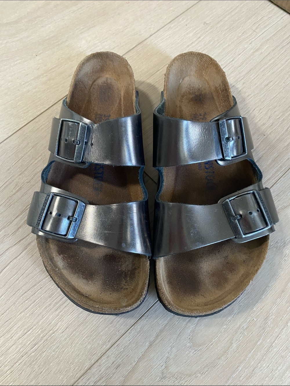 Birkenstock Arizona Grey Anthracite Metallic Leather Sandals 39